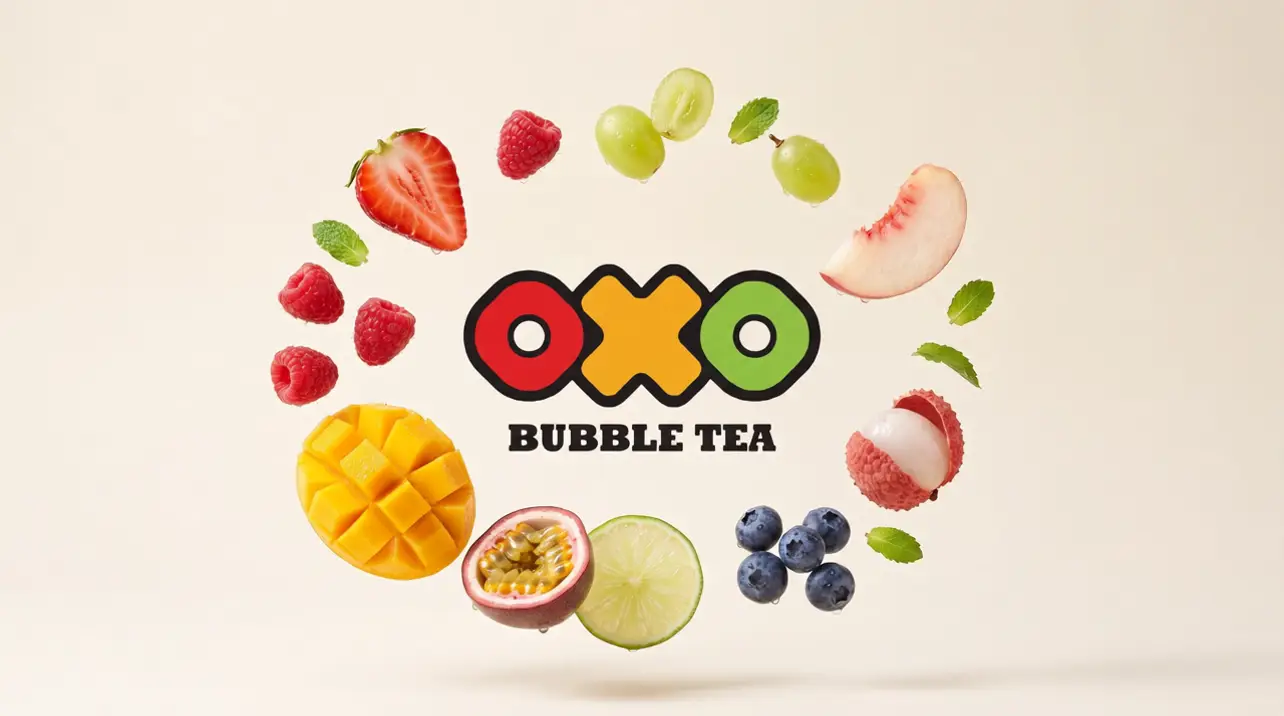 Logo OXO Bubble Tea obklopené čerstvým ovocem